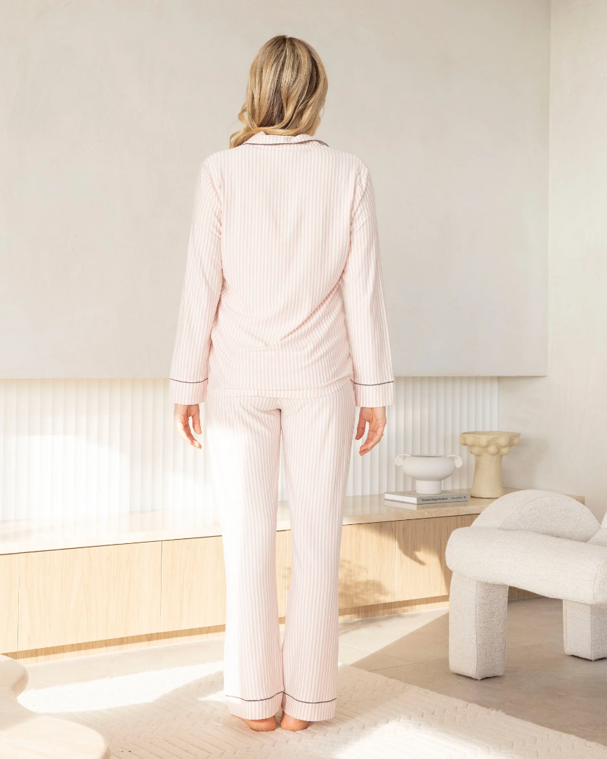 Larah Bamboo Maternity Long Sleeve Pyjama Set in Pink Stripe