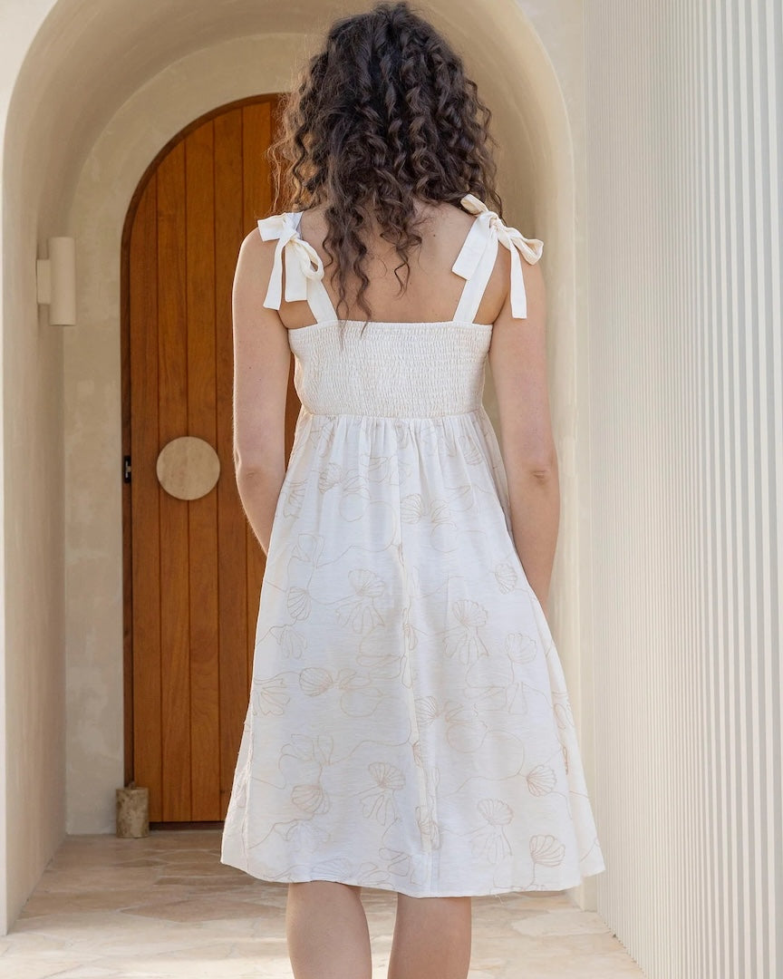 Lily Shoulder Tie Maternity Embroidery Dress Apricot