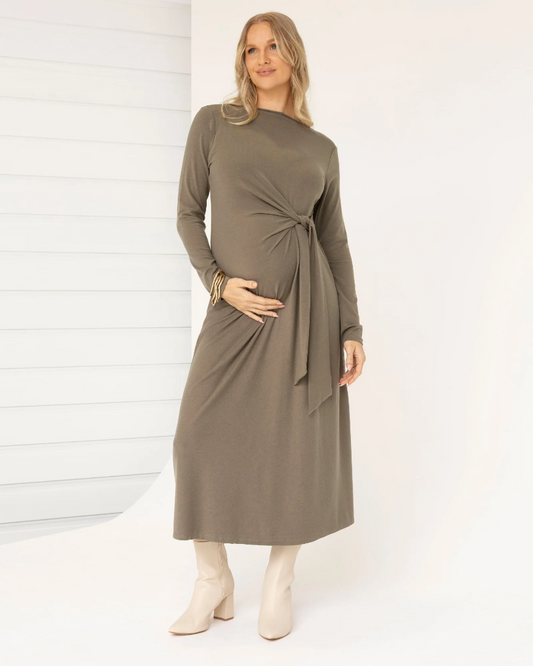 Nina Maternity Side Tie Dress – Dusty Olive