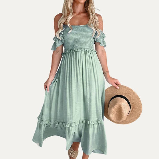 Breezy Gray Mint Off-The-Shoulder Short Sleeves Maxi Dress