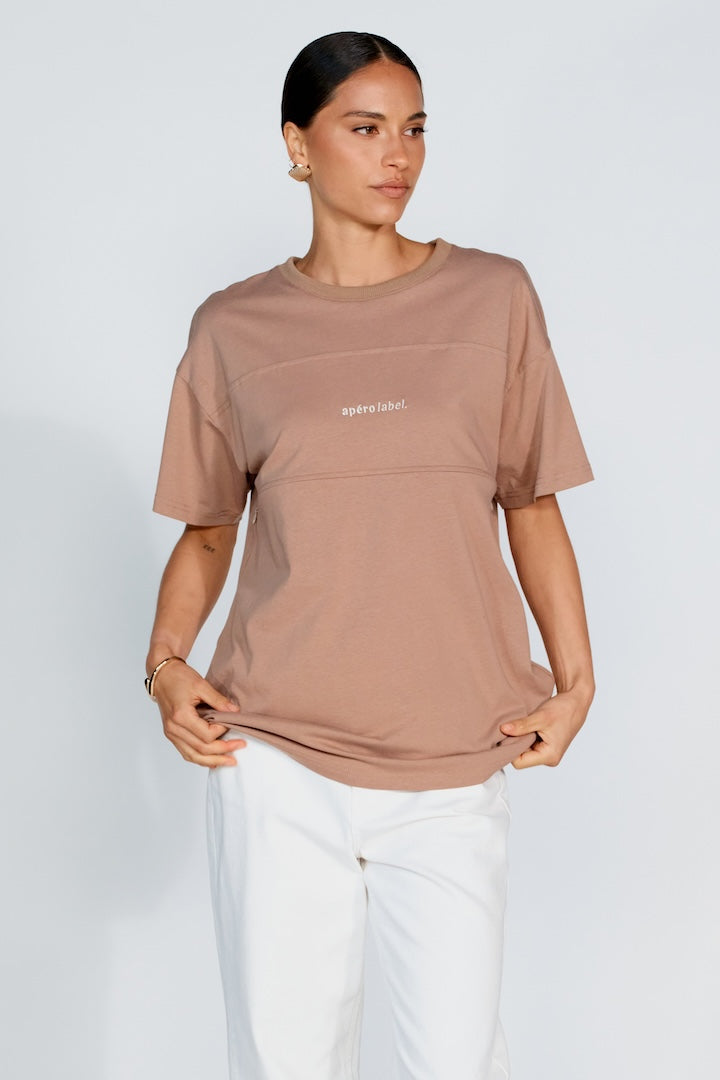 Apéro Minimalist Embroidered Longline Tee -  Mocha / Cream