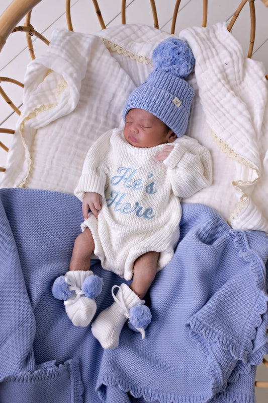 "He's Here" Chunky Knit Romper Snow Newborn