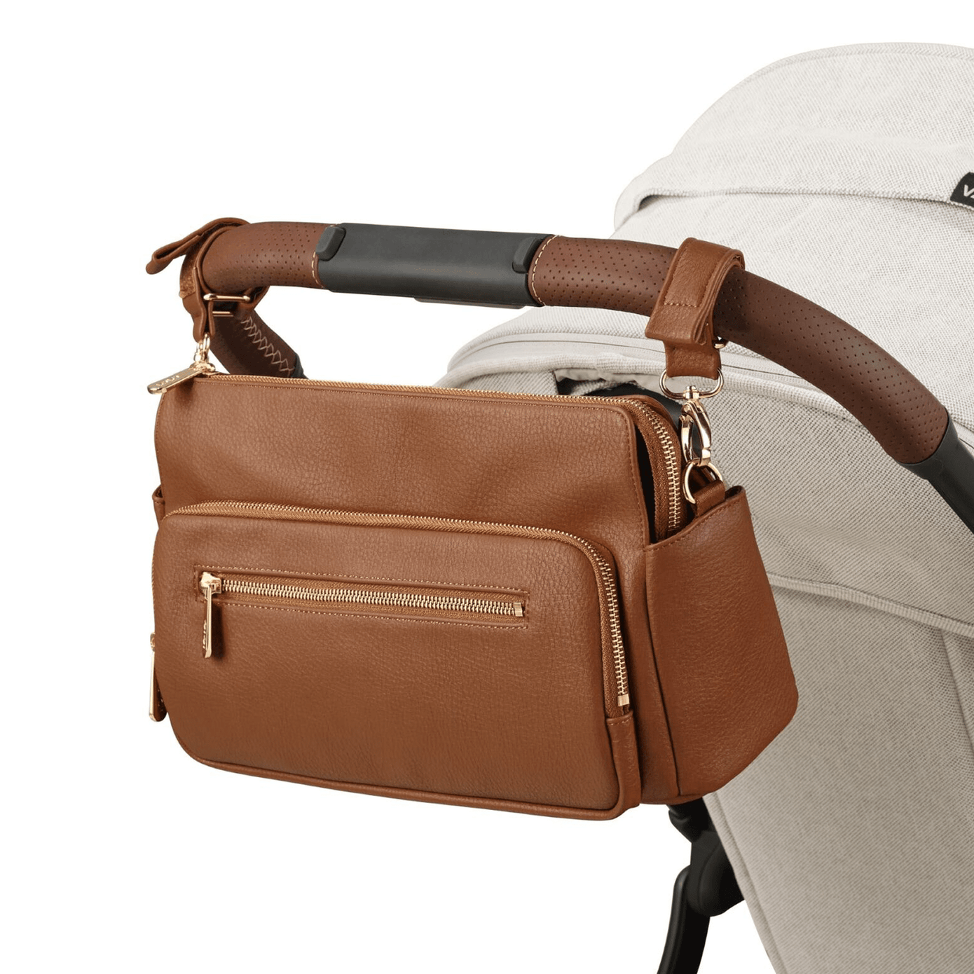 OiOi Multitasker Pram Caddy 2.0 Chestnut Vegan Leather