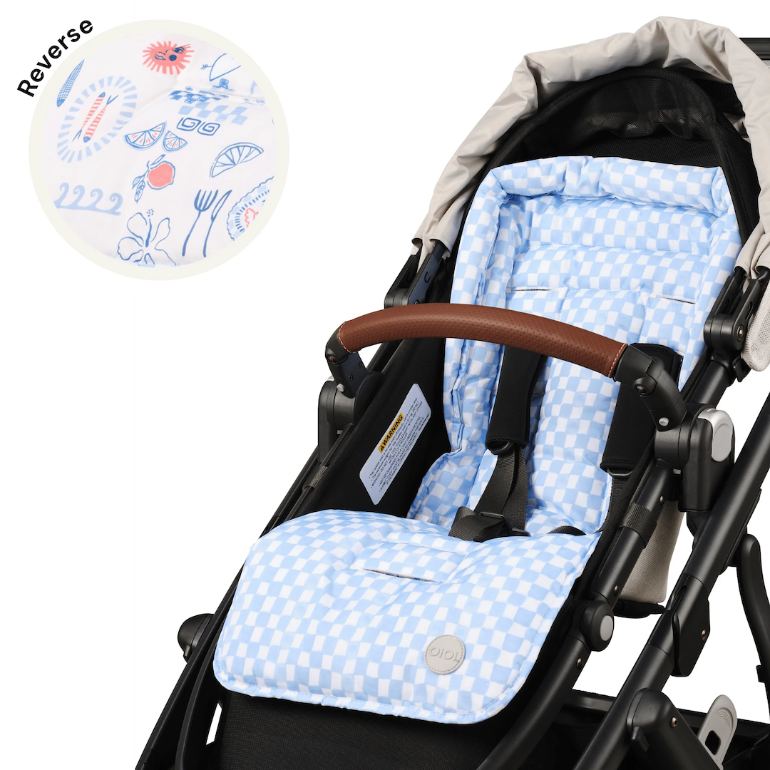OiOi Reversible Pram Seat Liner Blue Check/Mediterranean