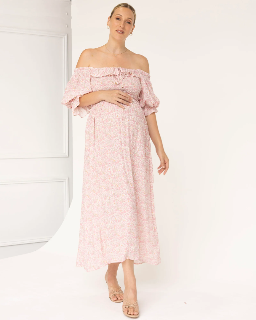 Amber Maternity Baby Shower Dress in Pink Floral