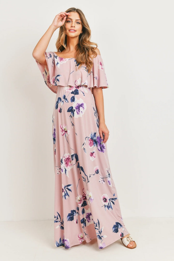 Pink Floral Maternity Maxi Dress Ruffle Off Shoulder