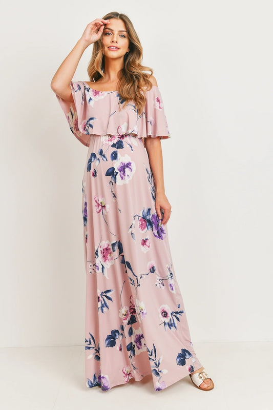 Pink Floral Maternity Maxi Dress Ruffle Off Shoulder