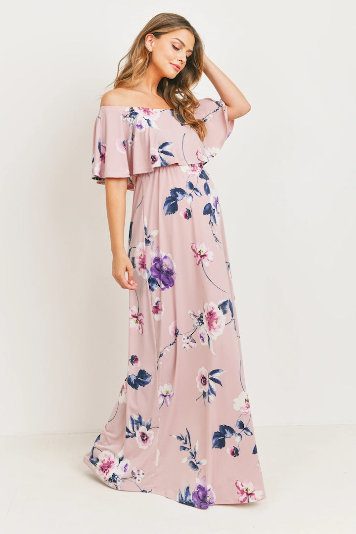 Pink Floral Maternity Maxi Dress Ruffle Off Shoulder