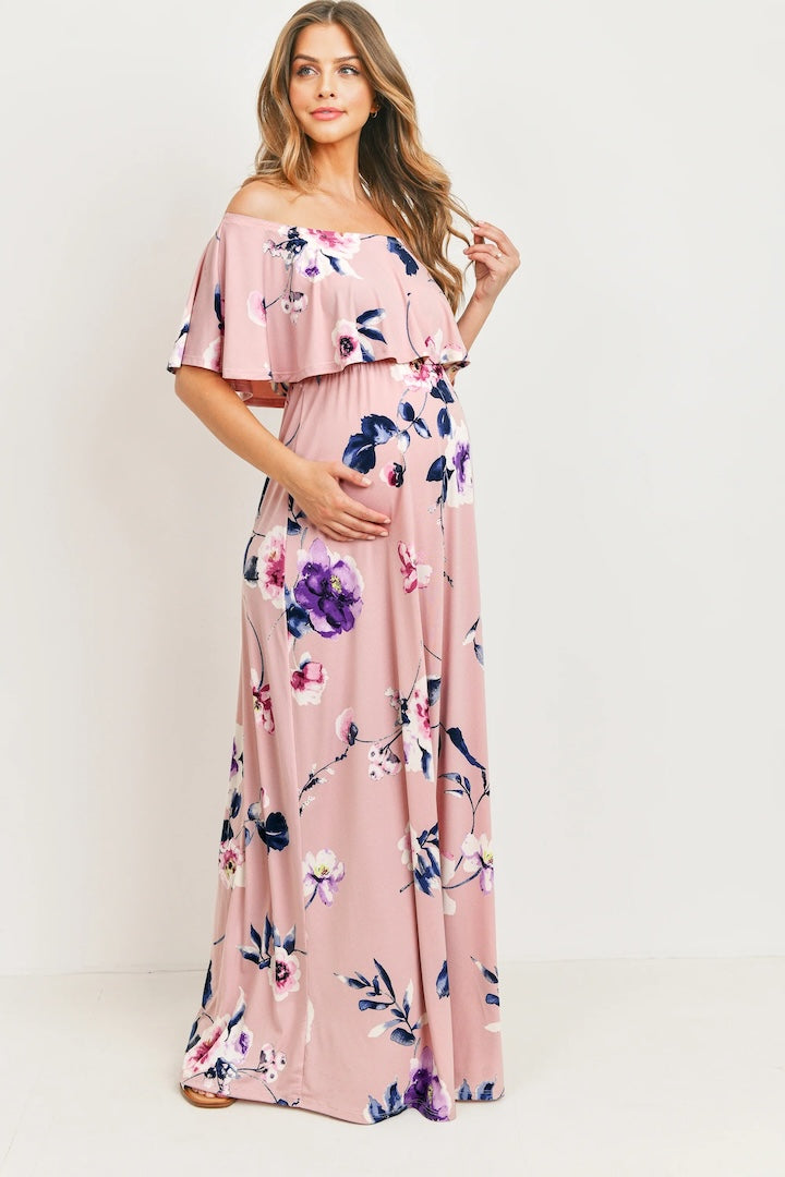 Pink Floral Maternity Maxi Dress Ruffle Off Shoulder
