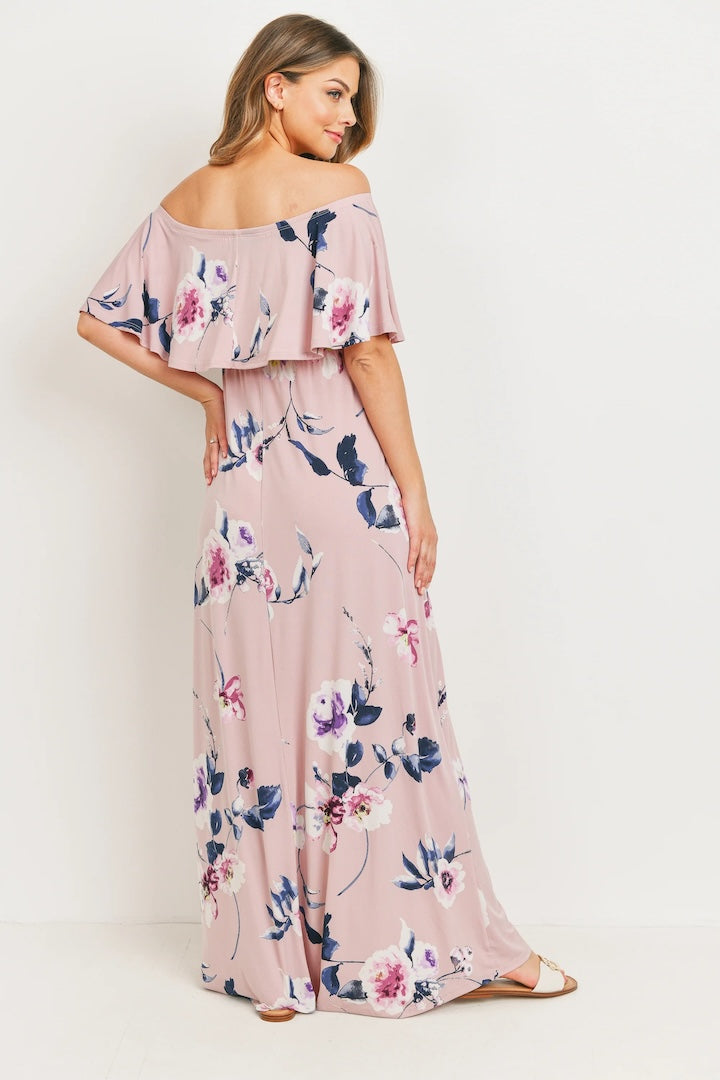 Pink Floral Maternity Maxi Dress Ruffle Off Shoulder