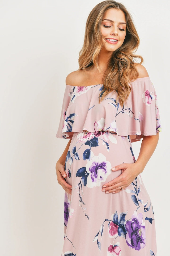 Pink Floral Maternity Maxi Dress Ruffle Off Shoulder