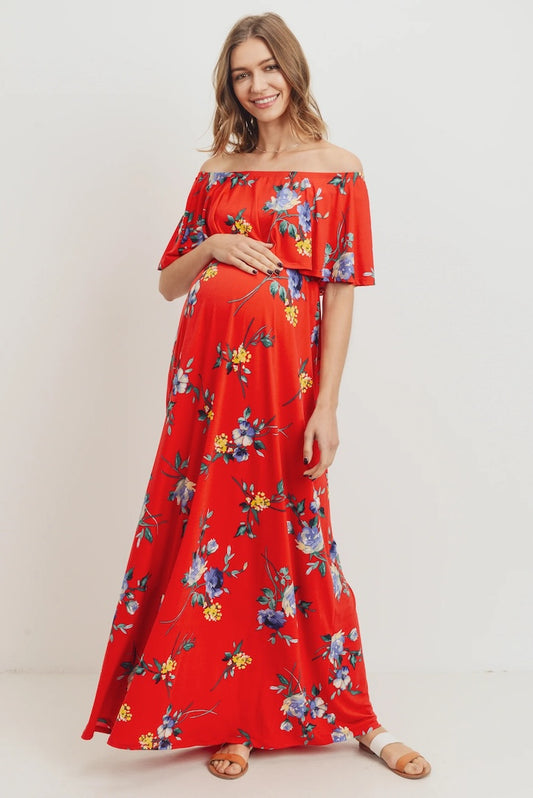 Red Floral Maternity Maxi Dress Ruffle Off Shoulder