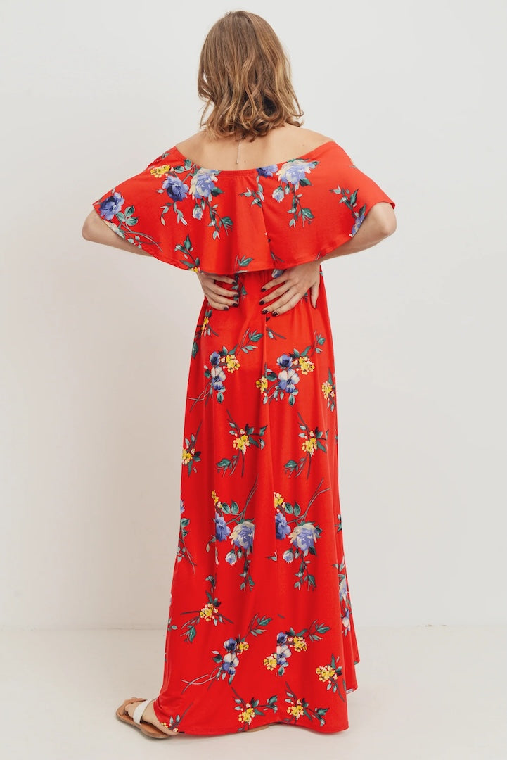Red Floral Maternity Maxi Dress Ruffle Off Shoulder