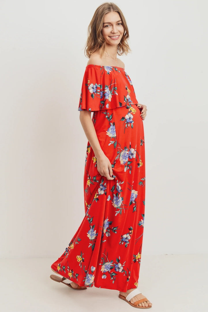 Red Floral Maternity Maxi Dress Ruffle Off Shoulder