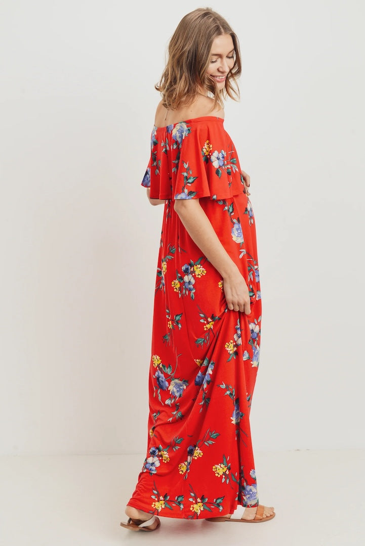 Red Floral Maternity Maxi Dress Ruffle Off Shoulder
