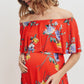 Red Floral Maternity Maxi Dress Ruffle Off Shoulder