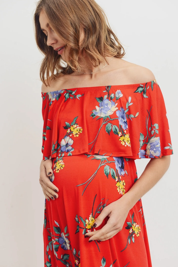 Red Floral Maternity Maxi Dress Ruffle Off Shoulder