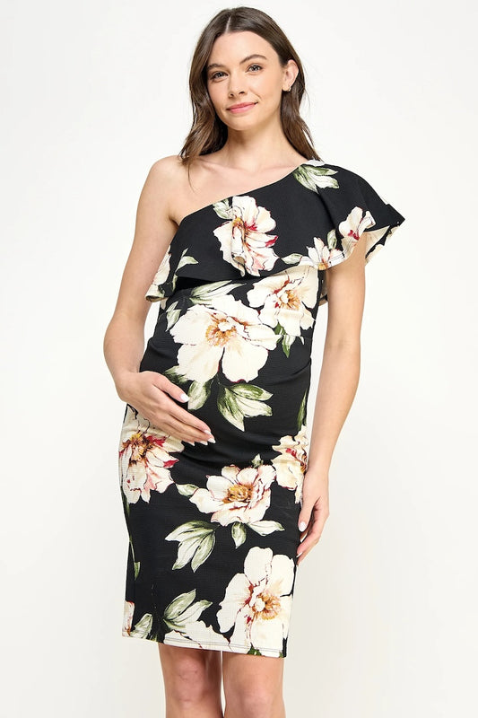 Ruffled One Shoulder Maternity Dress Black Floral
