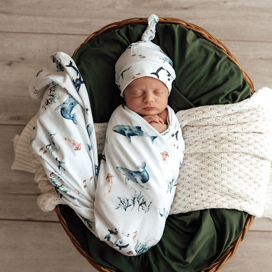 Snuggle Hunny Ocean Organic Jersey Wrap & Beanie Set