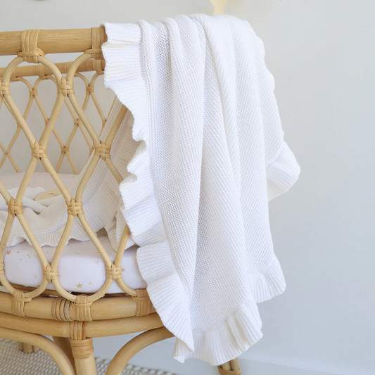 White Ruffle Knit Organic Baby Blanket
