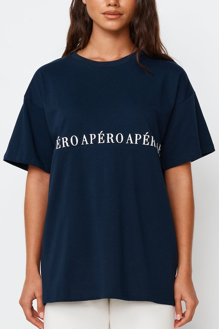 Apéro Studio Printed Longline Tee - Navy / White