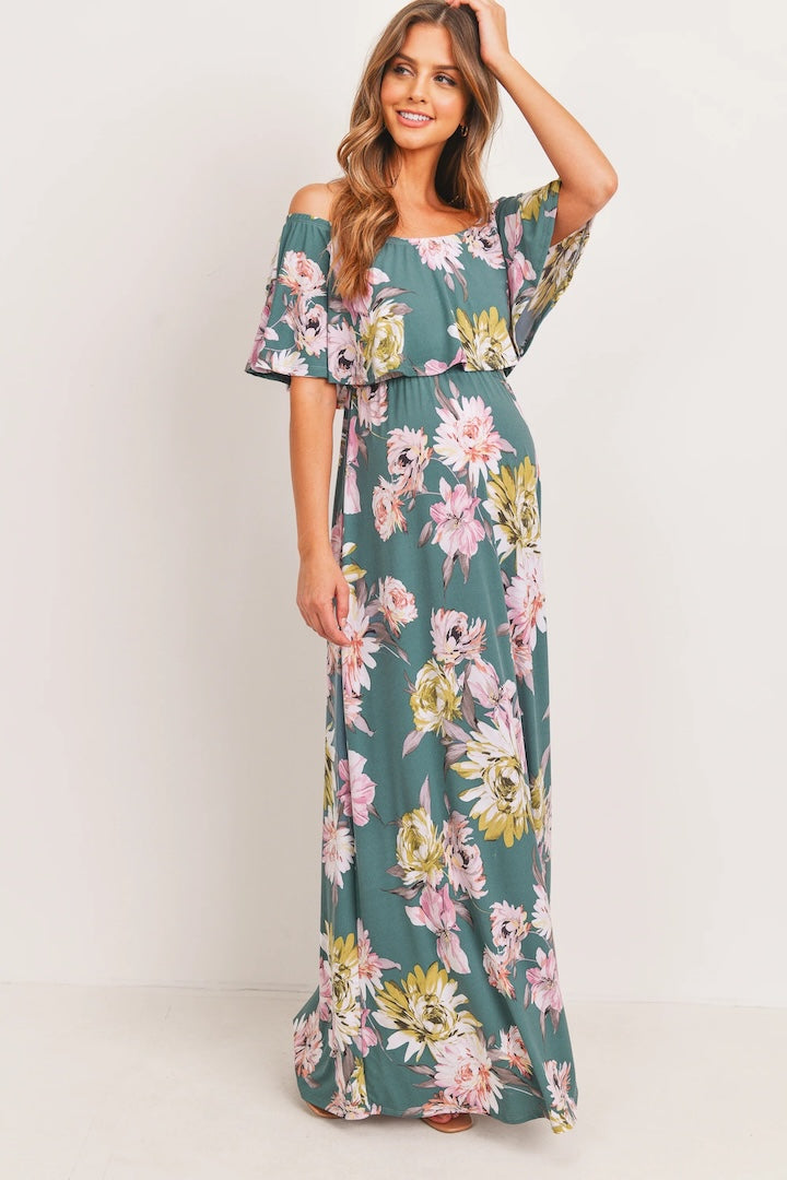 Teal Floral Maternity Maxi Dress Ruffle Off Shoulder