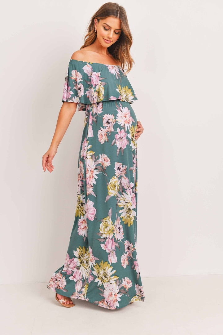 Teal Floral Maternity Maxi Dress Ruffle Off Shoulder