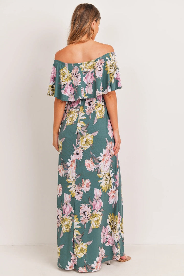 Teal Floral Maternity Maxi Dress Ruffle Off Shoulder