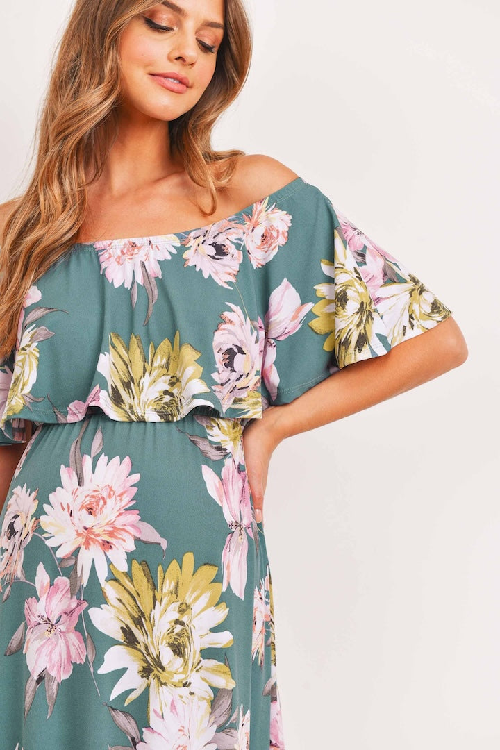Teal Floral Maternity Maxi Dress Ruffle Off Shoulder