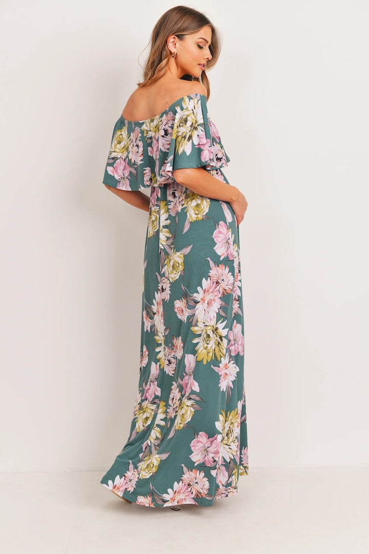 Teal Floral Maternity Maxi Dress Ruffle Off Shoulder