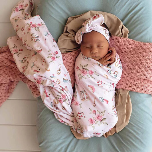 Alice’s Tea Party Organic Jersey Wrap & Topknot Set