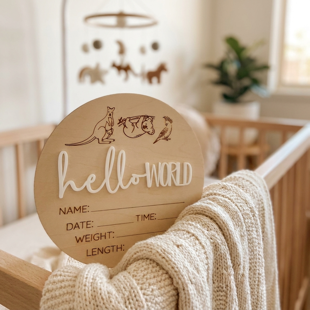 Hello World Australian Animals Baby Announcement Wooden Plaque