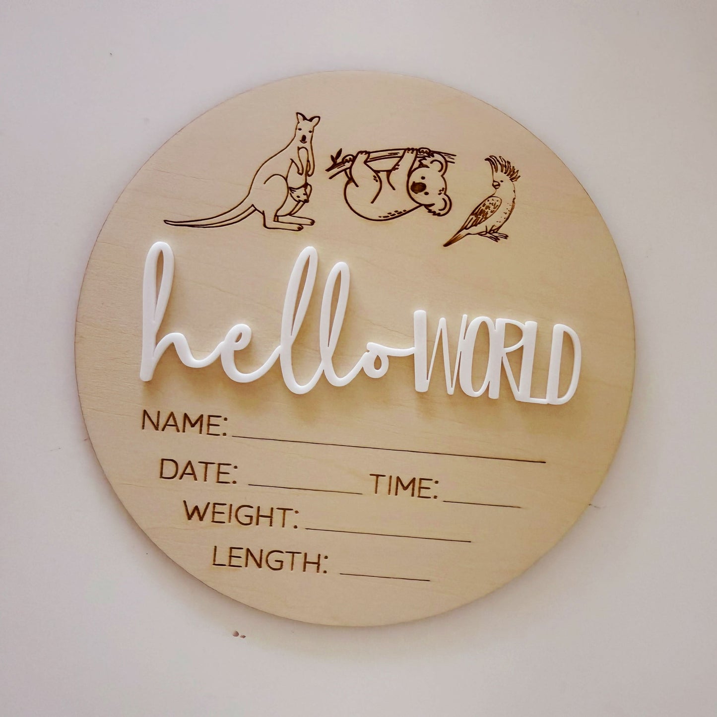 Hello World Australian Animals Baby Announcement Wooden Plaque