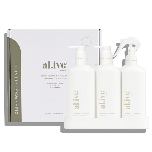 al.ive Kitchen Trio Lemon Myrtle & Honeydew Dishwashing Liquid, Hand Wash and Bench Spray in Tray