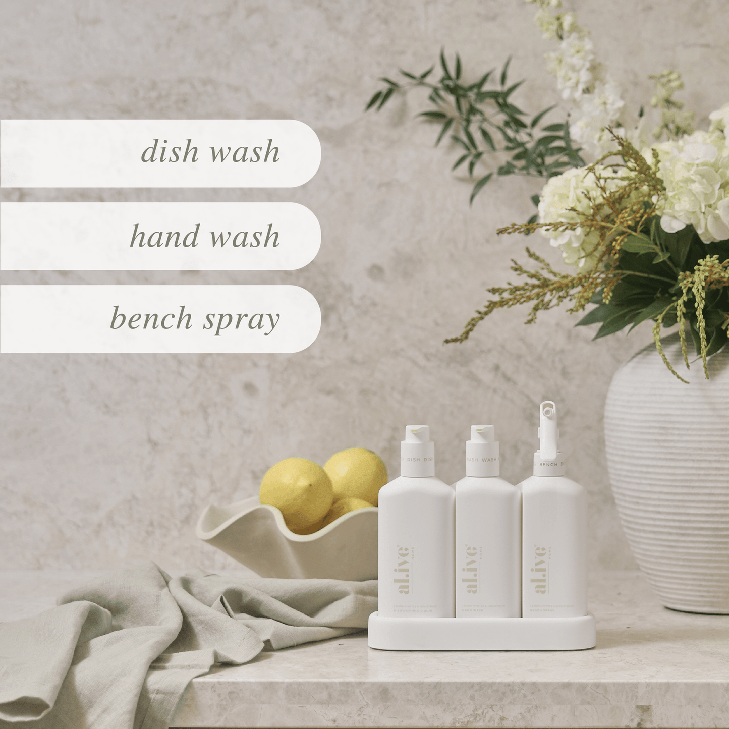 al.ive Kitchen Trio Lemon Myrtle & Honeydew Dishwashing Liquid, Hand Wash and Bench Spray in Tray