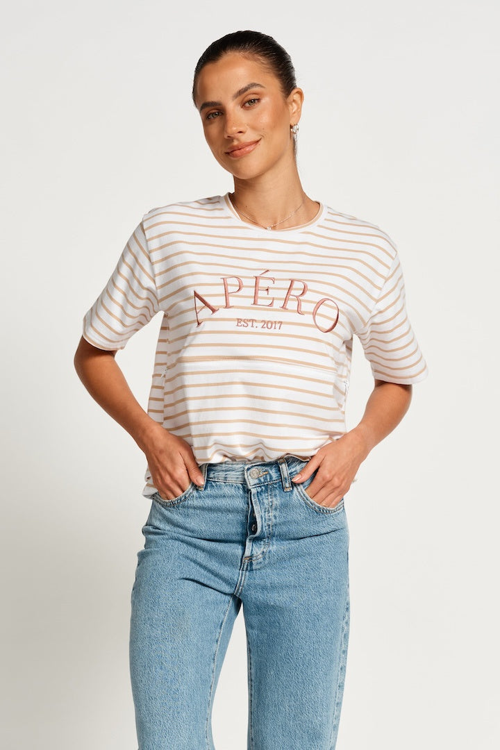 Apero Heritage Stripe Panel Tee - White / Beige / Plum