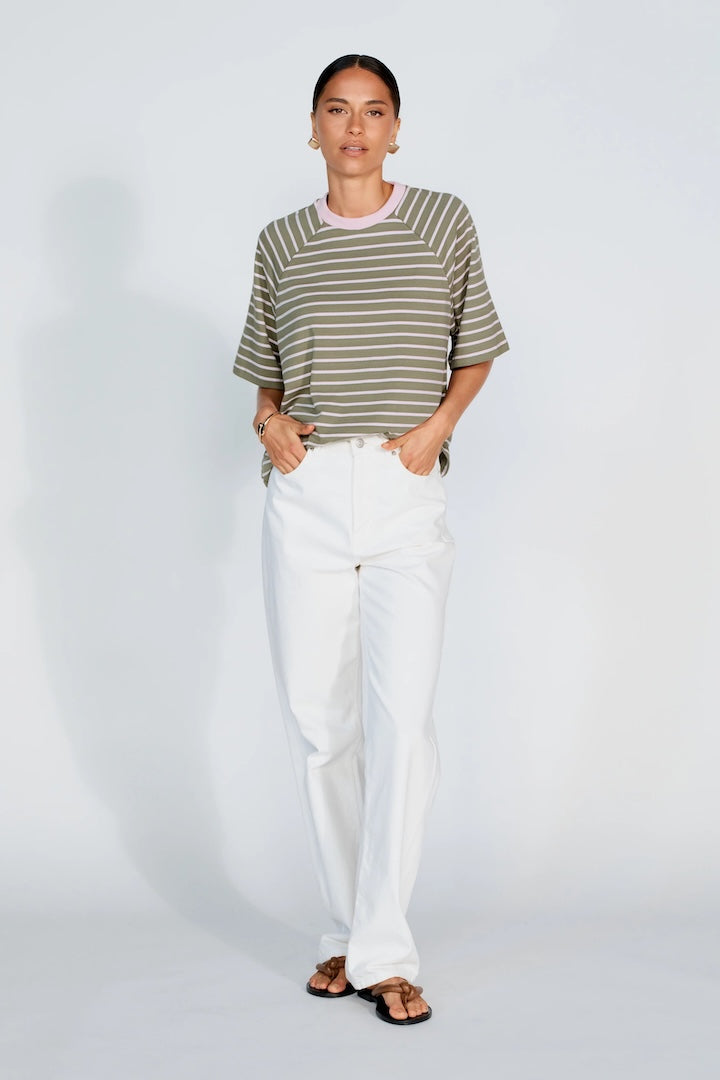 Apero Classique Stripe Box Cut Tee Khaki/Pink