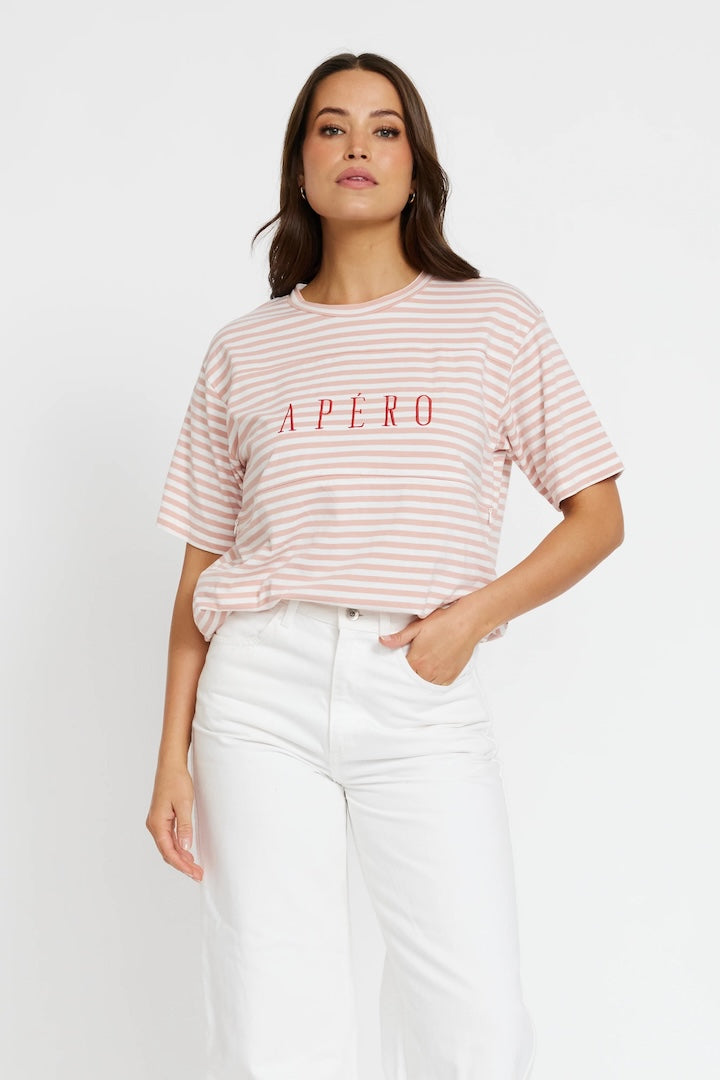 Apero Riviera Stripe Panel Tee Pink/White/Red