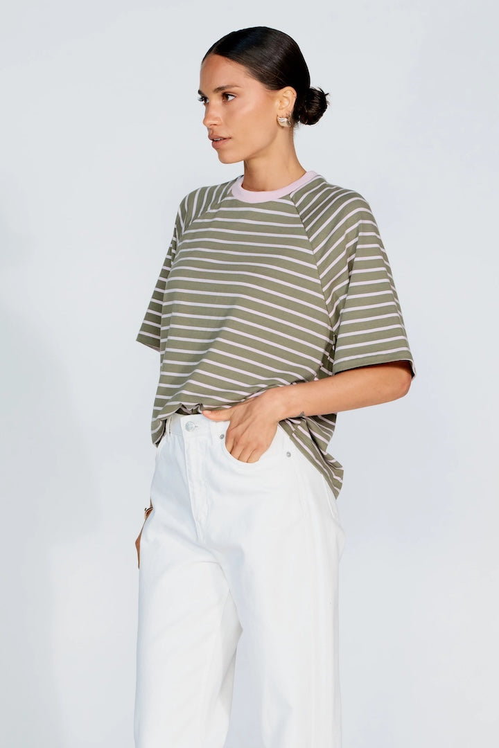 Apero Classique Stripe Box Cut Tee Khaki/Pink