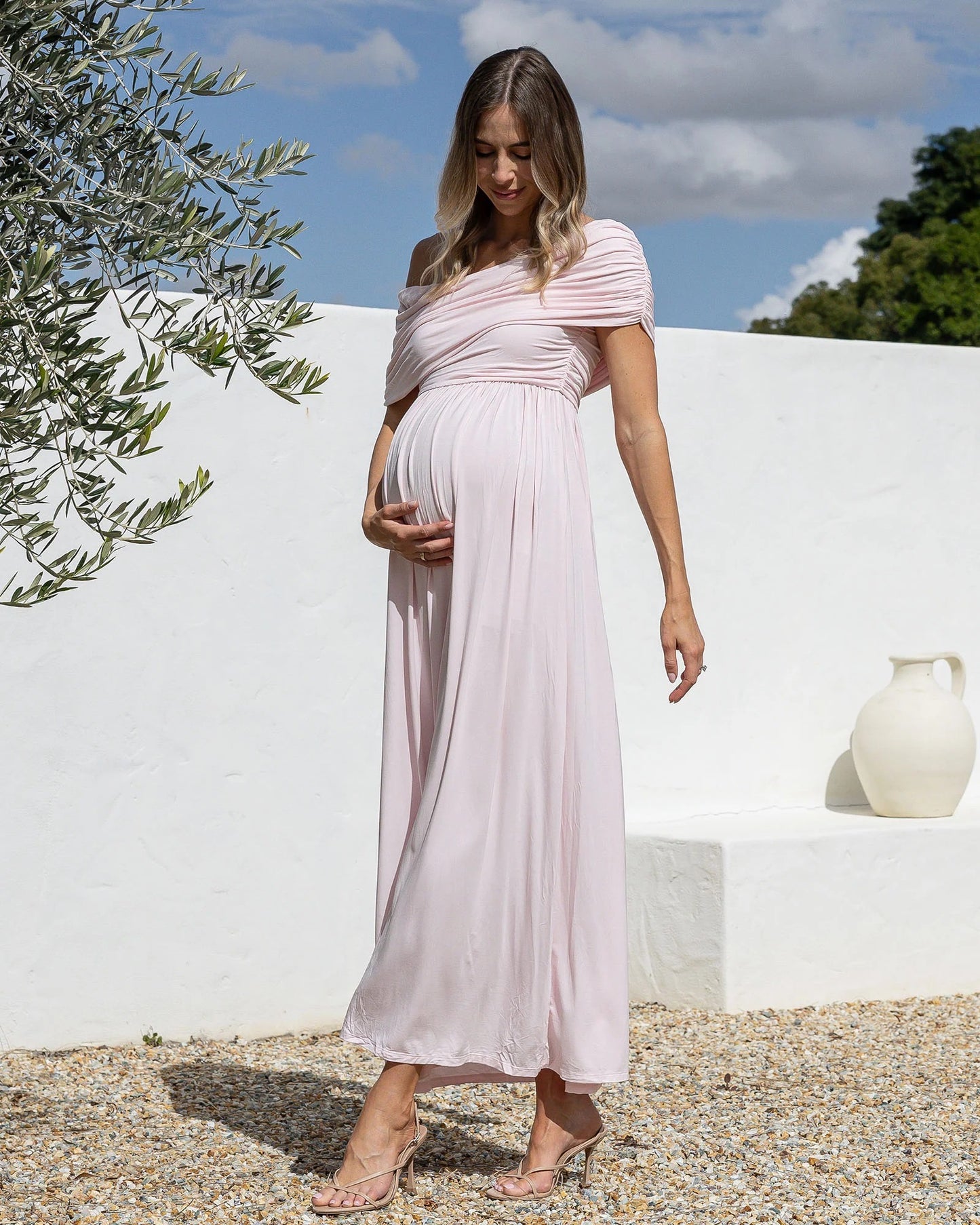 Ariana Maxi Maternity Moon Dress in Baby Pink