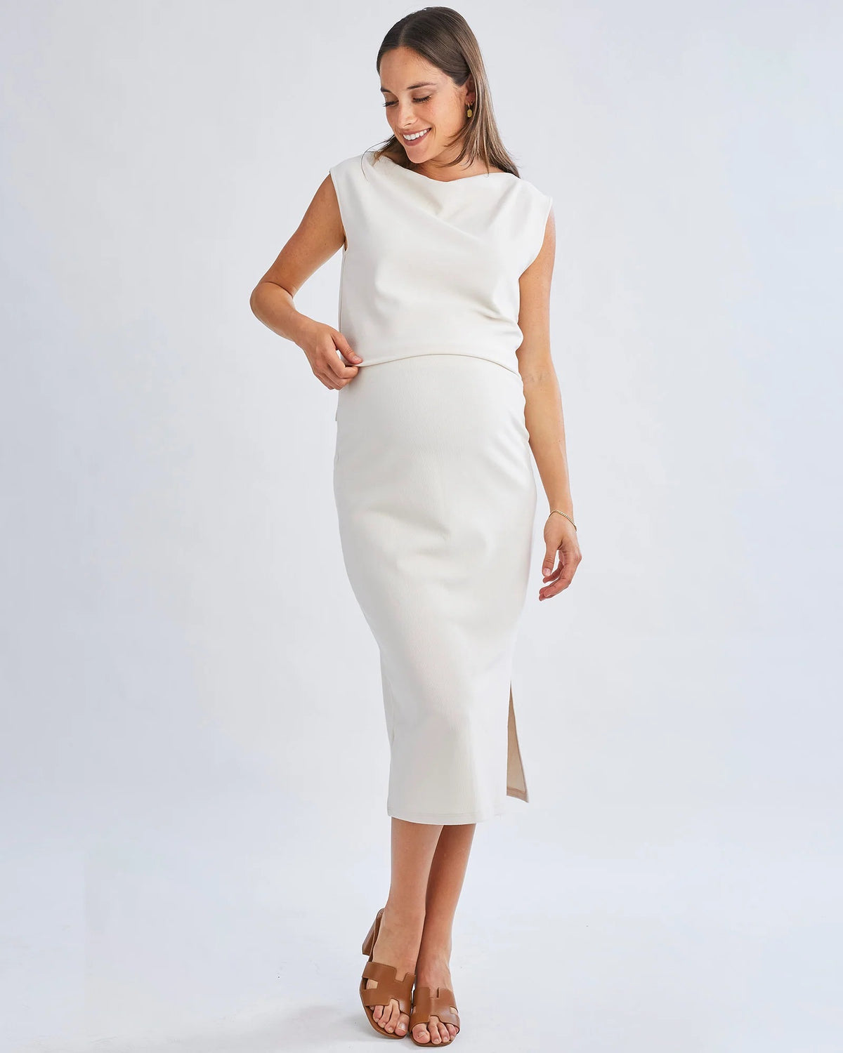 Athena Maternity Pencil Midi Skirt in Cream
