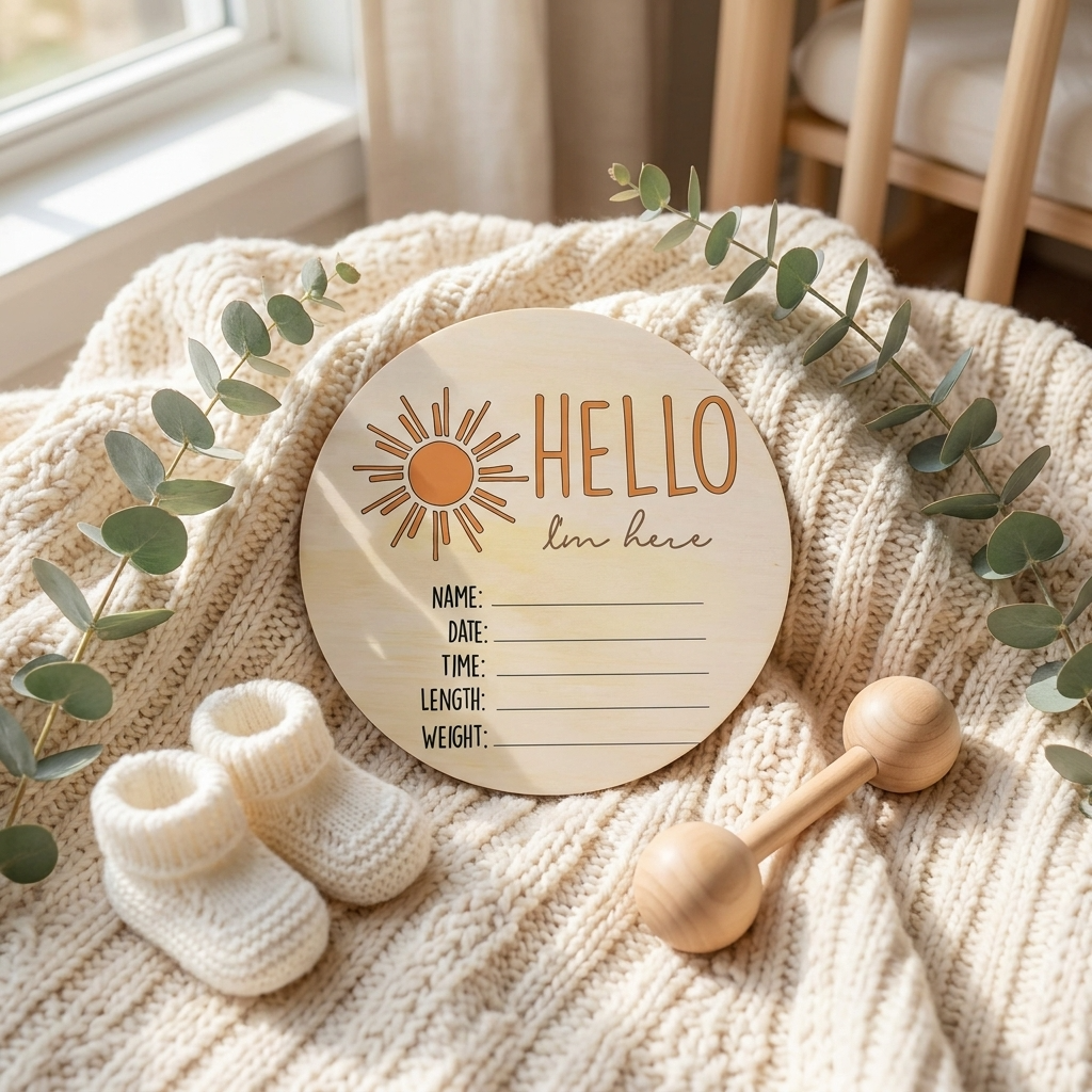 Hello I'm Here Sun Baby Announcement Wooden Plaque