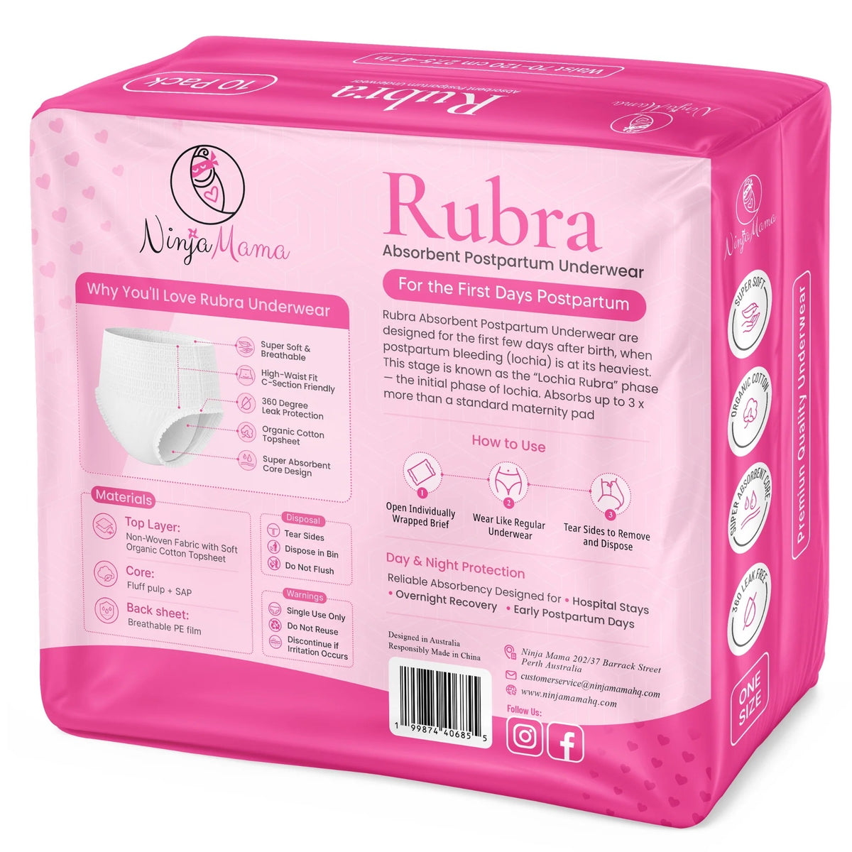 Rubra Absorbent Postpartum Underwear packaging information