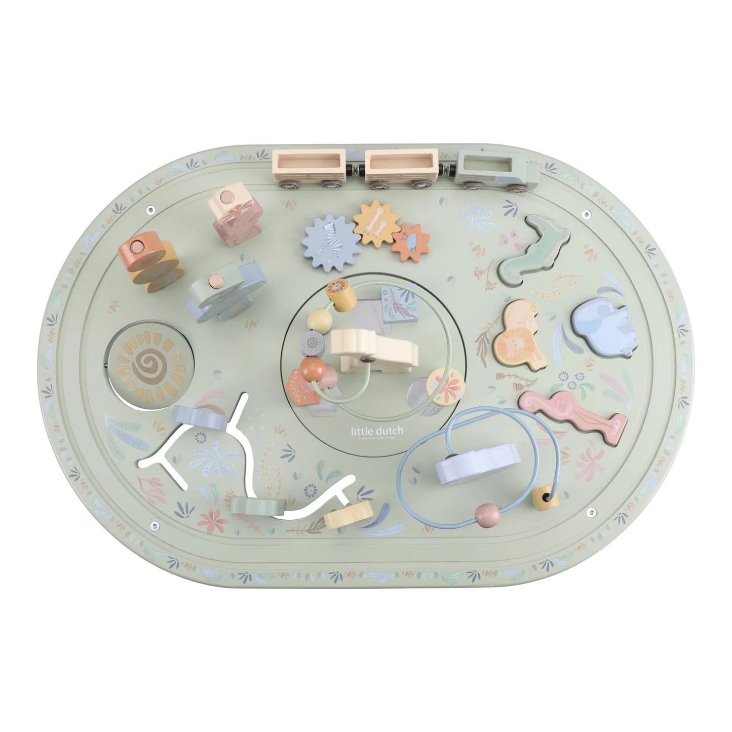 Top view of the Little Dutch Safari Friends Activity Table XL activities