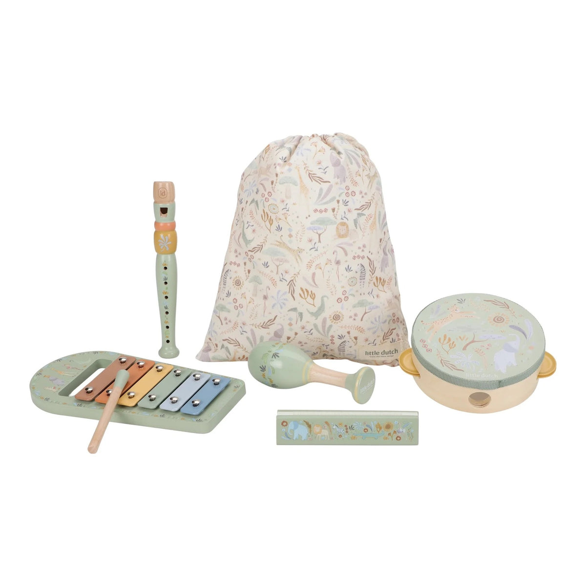 Little Dutch Safari Friends Music Set Green with five instruments and storage bag