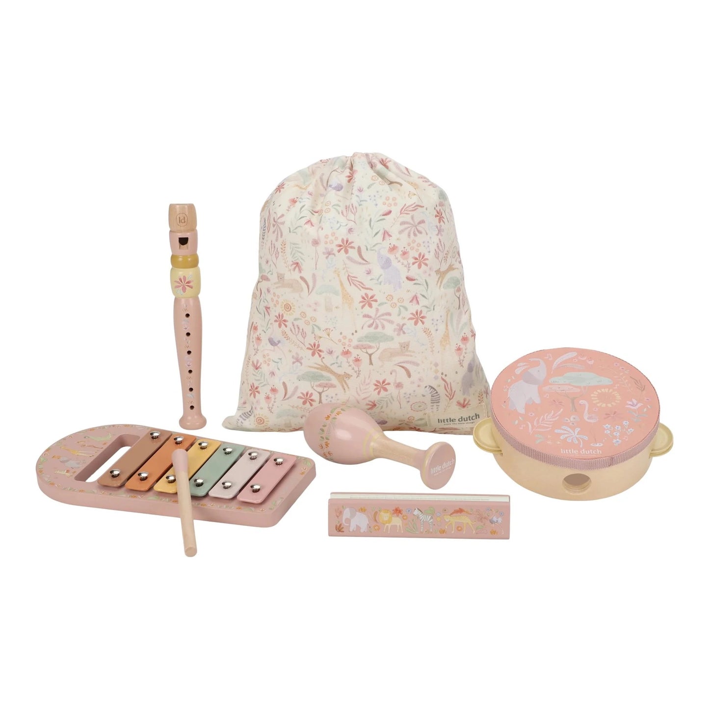 Little Dutch Safari Friends Music Set Pink with five instruments and storage bag