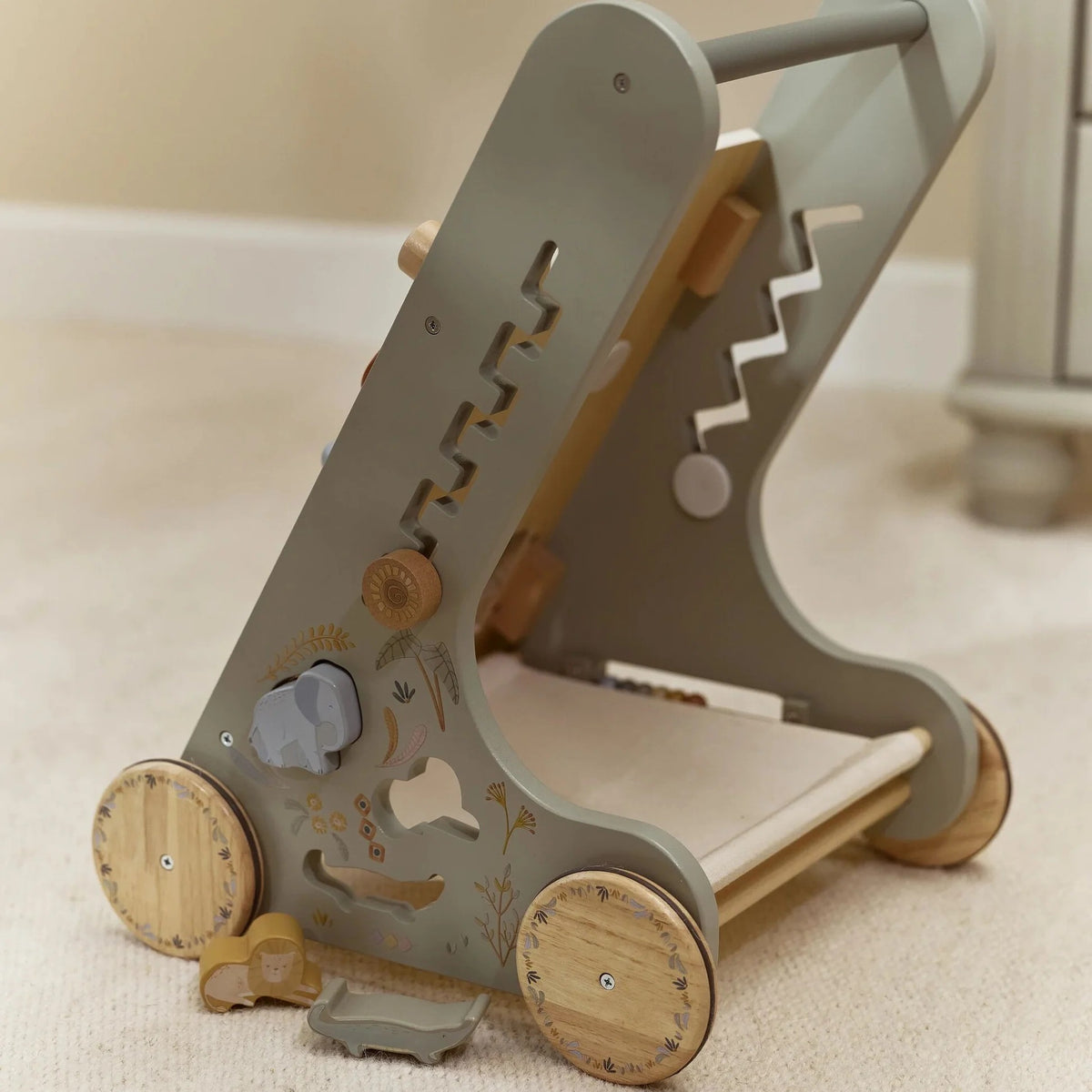 Rear and side activities on the Little Dutch Safari Friends Wooden Baby Activity Walker