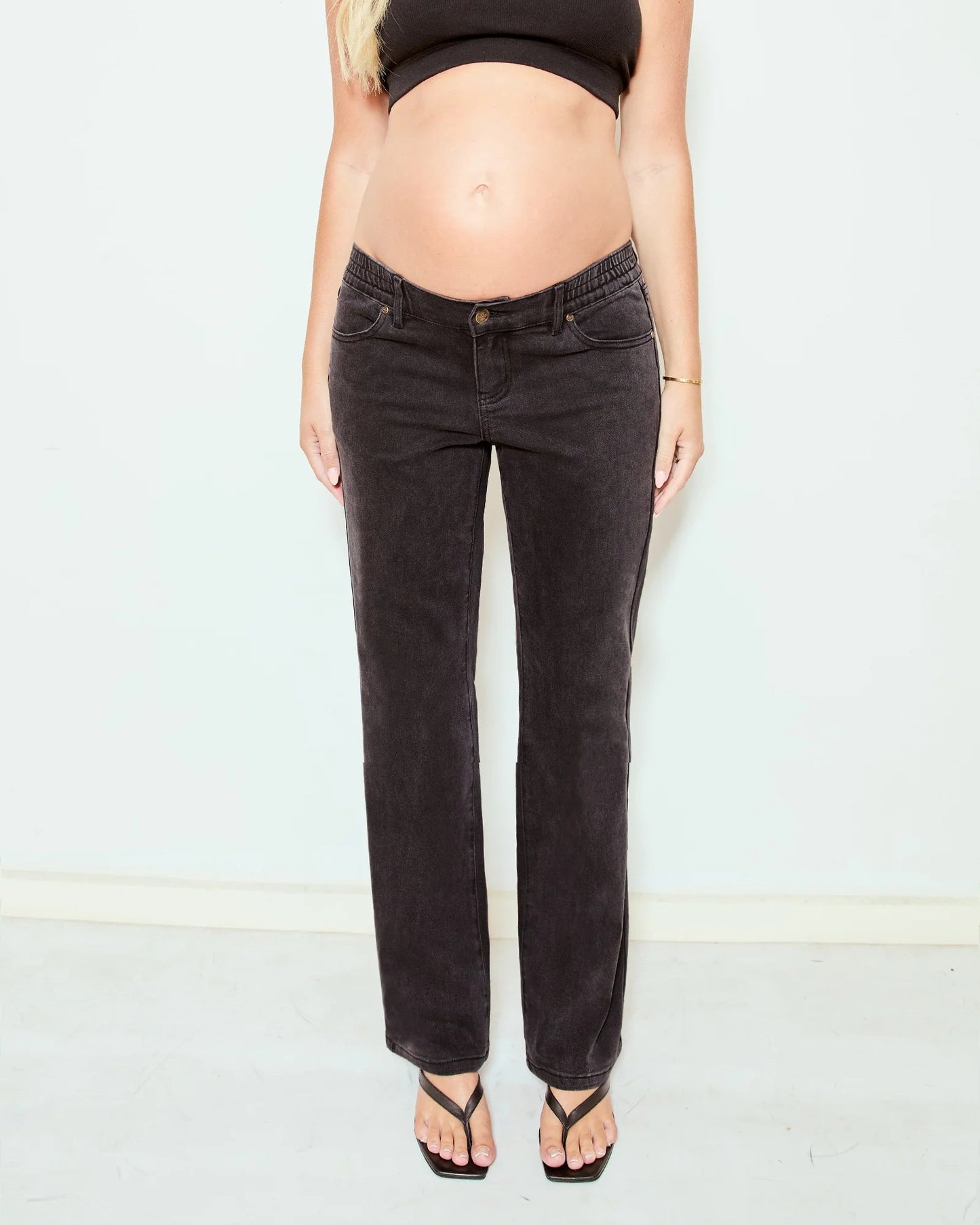 Soon Slim Straight Leg Jeans Black Mid-Belly waistband detail