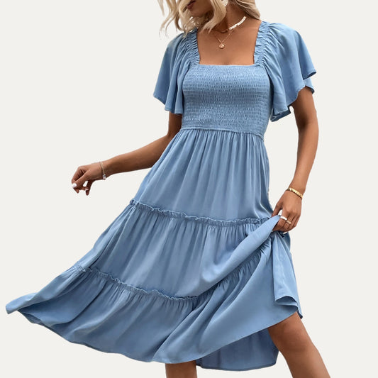 Joyful Day Dusty Blue Short Sleeve Ruffled Tiered Midi Dress