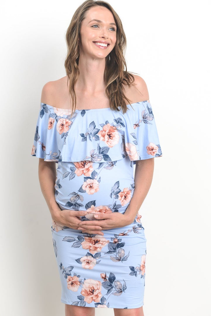 Baby Blue Off Shoulder Floral Baby Shower Dress